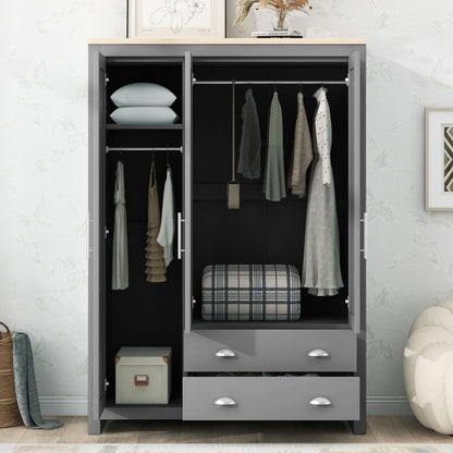 Veyra 3-Door Wardrobe – Gray Armoire with Upper Cabinets & Dual Hanging Rods