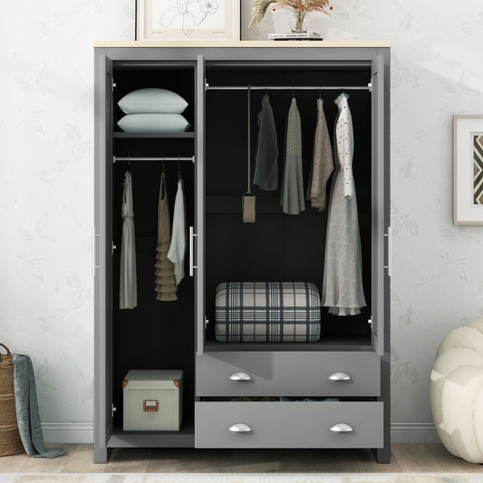 Veyra 3-Door Wardrobe – Gray Armoire with Upper Cabinets & Dual Hanging Rods