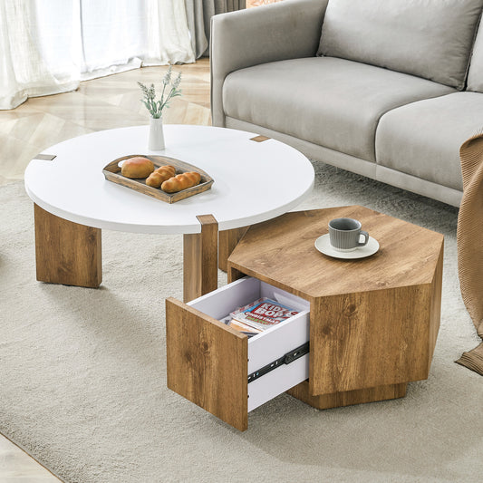 Formica Coffee Set – White & Woodlook MDF Duo in Contemporary Split Style