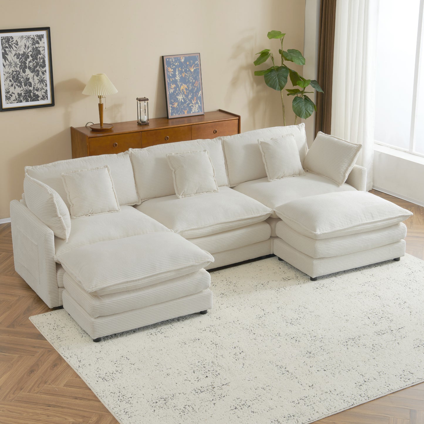 113' Luxe Modular Lounge – Plush Corduroy L-Shape Sofa with Hidden Storage Pockets (Beige)