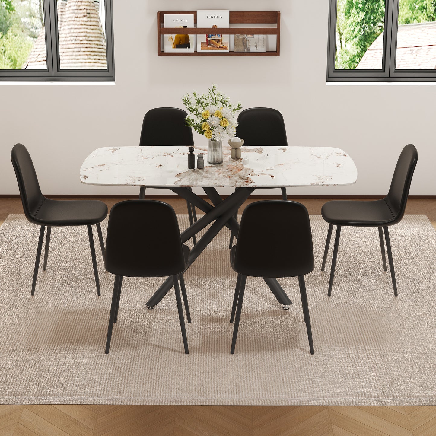 Nostra 7‑Piece Dining Set – White Glass Table with 6 Black Upholstered Chairs