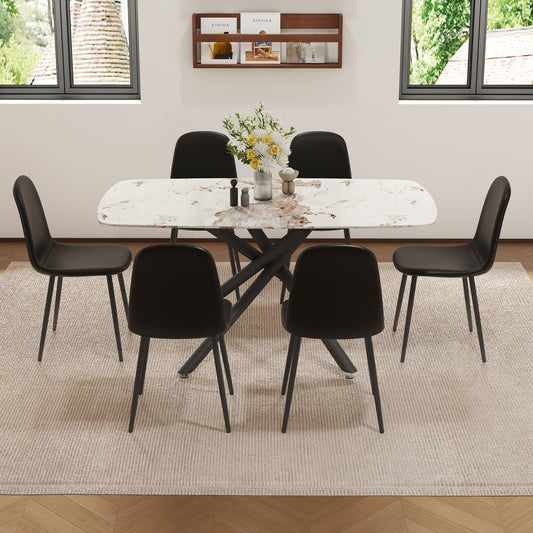 Nostra 7‑Piece Dining Set – White Glass Table with 6 Black Upholstered Chairs