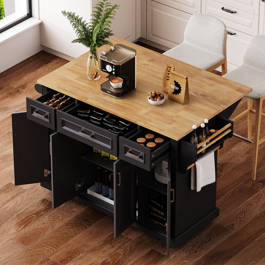 K&K Vista Island – 54'' Black Rolling Cart with Drop Leaf, 4 Doors & 3 Drawers