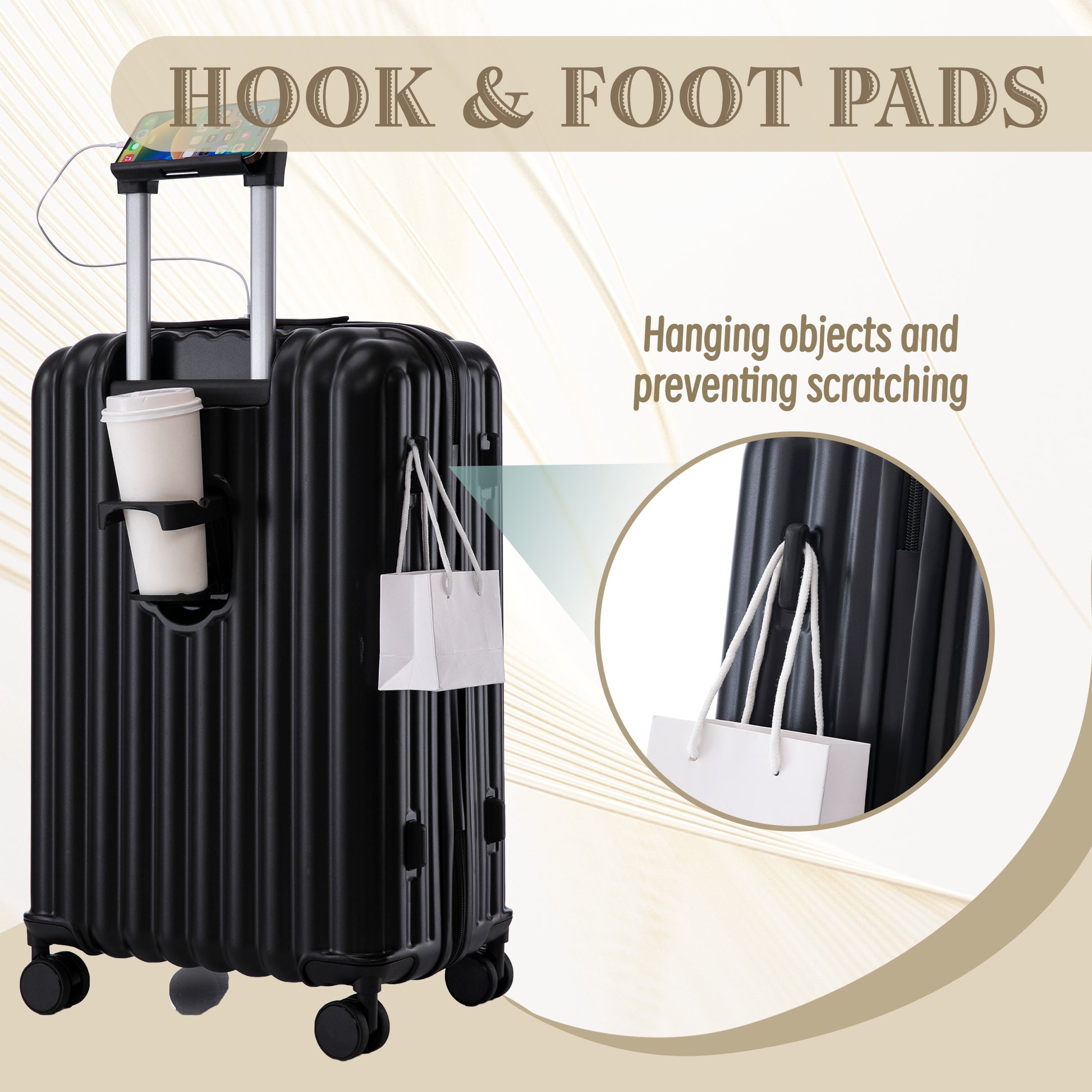 Jetera 3 - Piece ABS Luggage Set – Black Suitcases with Spinner Wheels, USB Port, Cup & Phone Holder (20/24/28") - JUSTLIVE NESTJUSTLIVE NEST