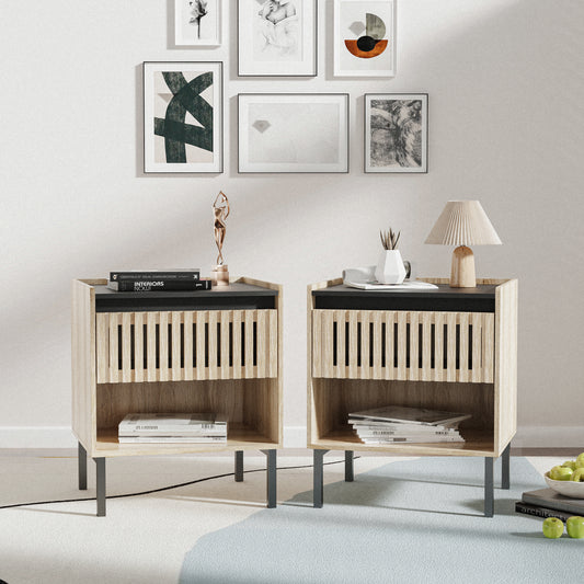 Fluttra Duo Set – Set of 2 Vertical Stripe Bedside Cabinets with Iron Legs