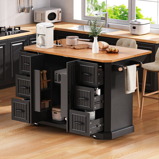 K&K Metro Island – 56'' Black Veneer Drop Leaf Cart with 6 Drawers and 4-Door Storage