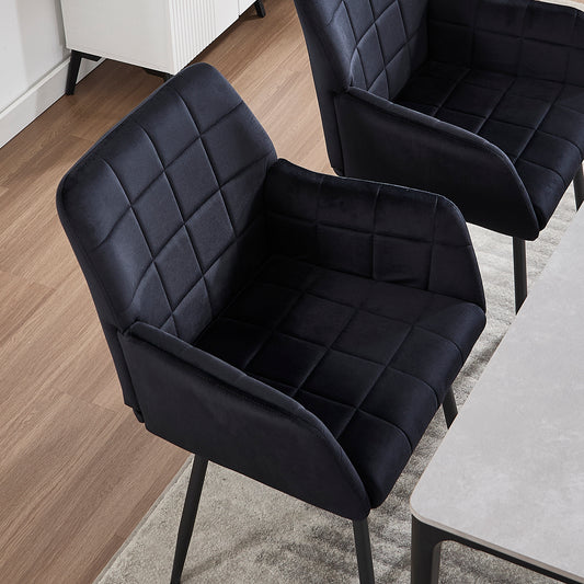 Liora Dining Chairs – 2 Black Velvet Armchairs with Soft Cushions for Dining Room