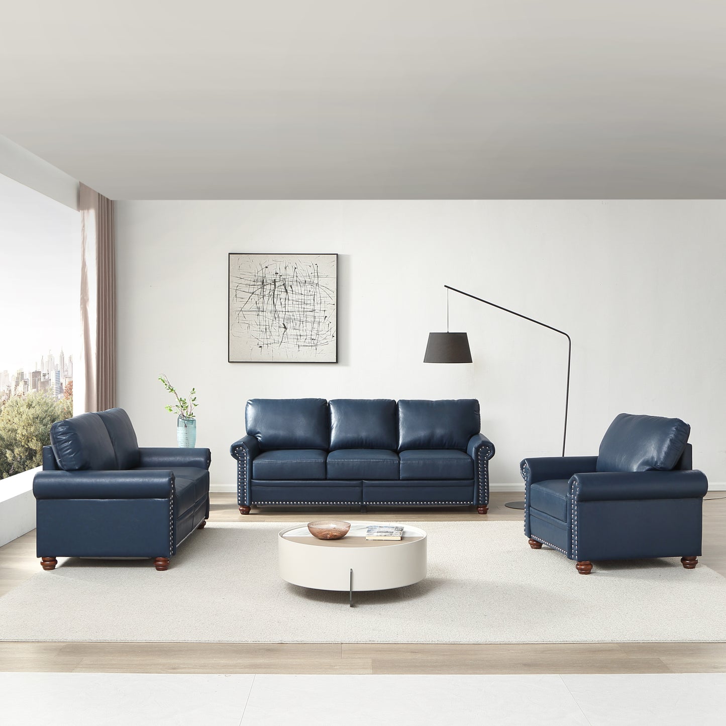 NestEdge ‘StorNest” 1+2+3 Sectional – Navy Faux Leather Sofa | Built-In Storage