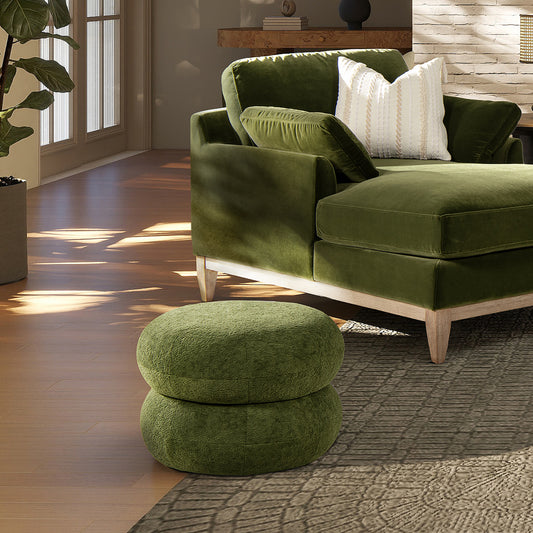 Nest 19.5' Low Round Upholstered Ottoman, Moss Green
