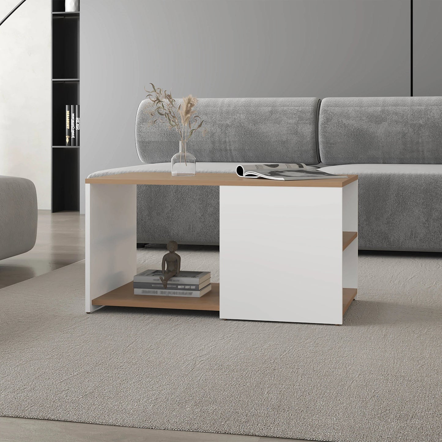 Oaklen Coffee Table – White & Oak Finish with Conical Legs and Open Storage