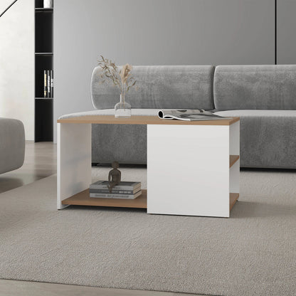 Oaklen Coffee Table – White & Oak Finish with Conical Legs and Open Storage
