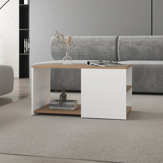 Oaklen Coffee Table – White & Oak Finish with Conical Legs and Open Storage