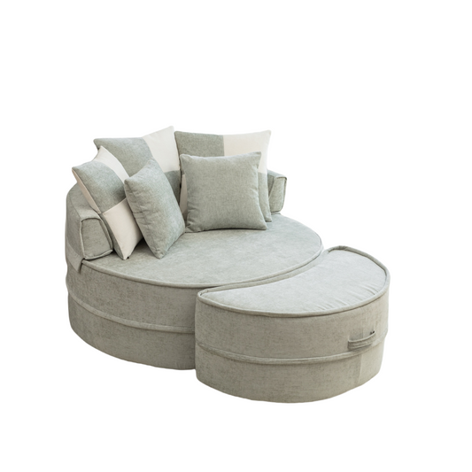 Luxe Swirl Chair Set – Oversized Blue Velvet Round Lounge Chair with Matching Ottoman & 5 Plush Accent Pillows