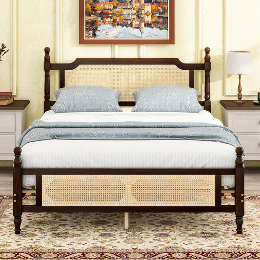 Ravella Queen Bed – Espresso Pine Frame with Rattan Headboard & Footboard