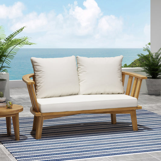 Tervia Teak-Look Wooden Loveseat – 2-Seat Patio Sofa with White Cushions