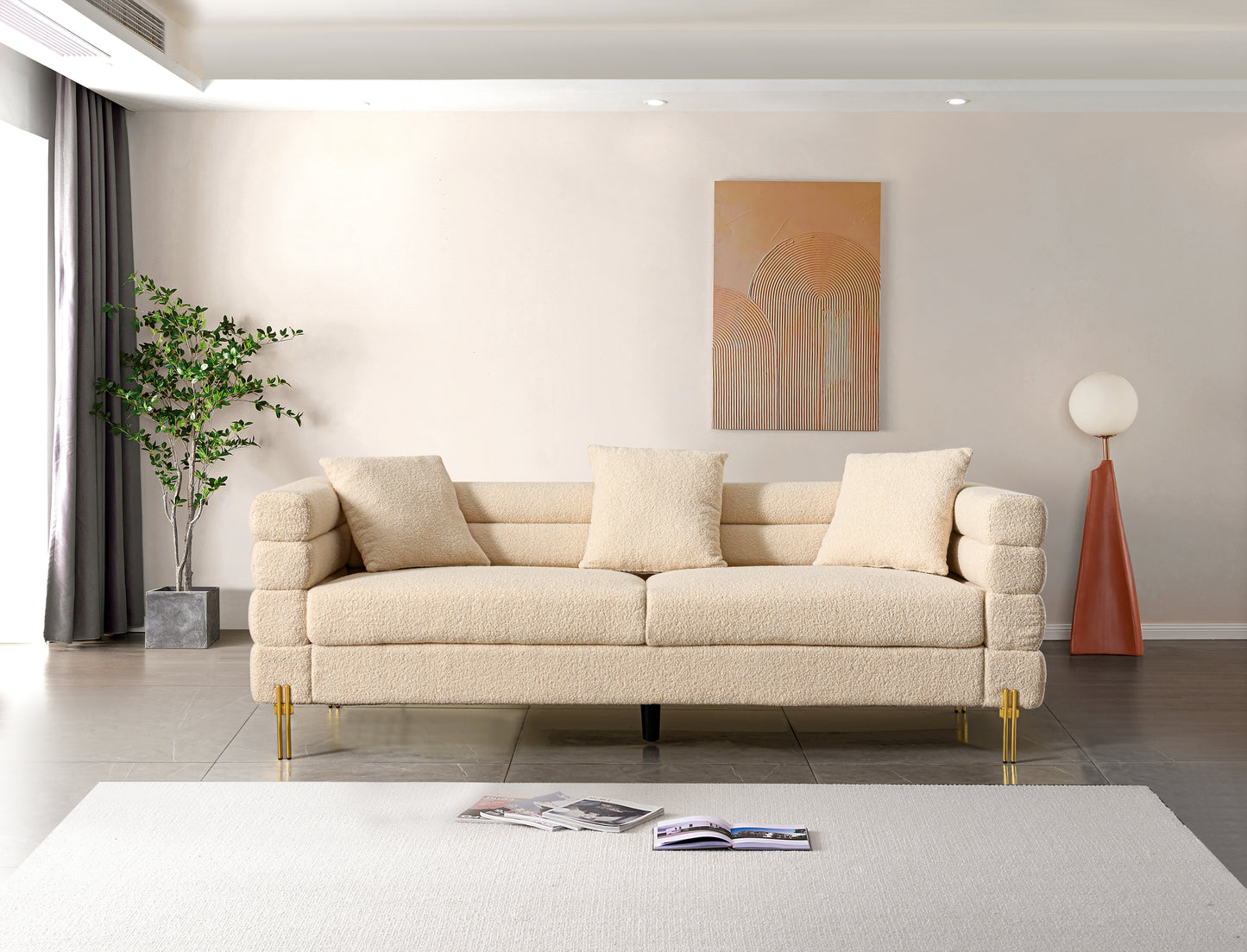 NestEdge ‘GoldNest” Sofa – Luxe Upholstered | Golden Legs + Accent Pillows
