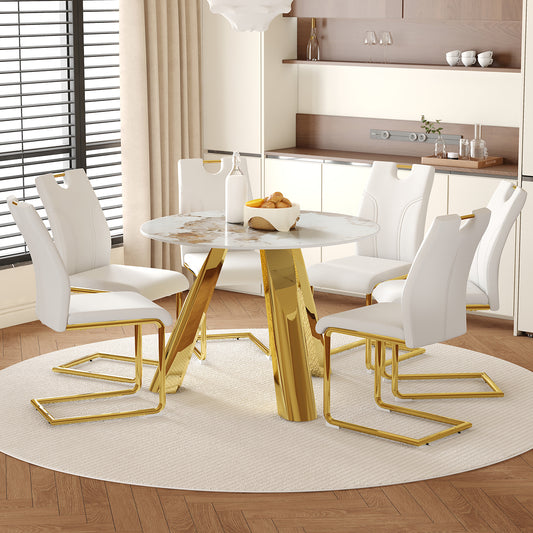 Solene 42" Round Dining Set – Imitation Marble Top with 6 Aureline White Chairs, Gold Legs