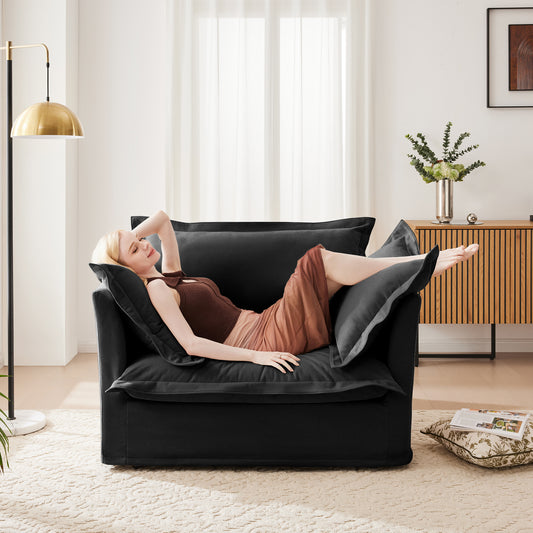 Solo Plush Chair – Black Chenille Deep-Seat Lounge with Oversized Cushions & Throw Pillows