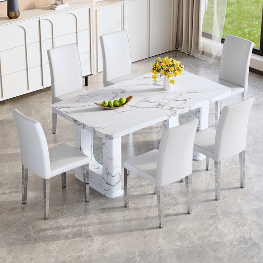 Fayno 7‑Piece Dining Set – Marble Finish Table with 6 White PU Chairs, Silver Legs
