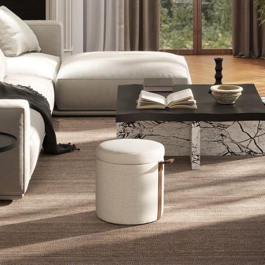 Tavina Ottoman – Flaxweave Fabric, Leathertag Accent, StowCore Design