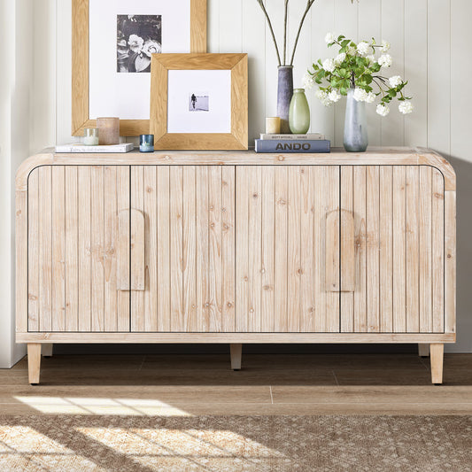 Farmessa Curve Sideboard – 59" Natural Wood Cabinet with Carved Grain & Wood Handles
