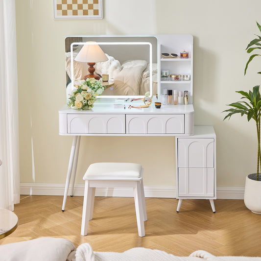 Stravelle Dimmix Set – White LED Vanity Desk with 4 Drawers, Touch Mirror & Adjustable Lighting