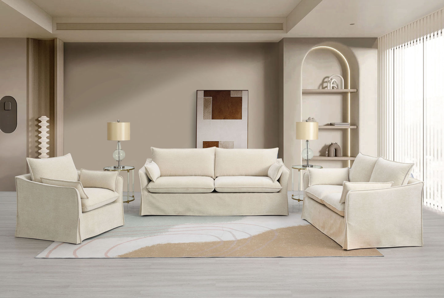 JUSTLIVE ‘Comfina Luxe” Living Room Set – Beige Linen | 3-Piece Cozy Sofa, Loveseat & Chair