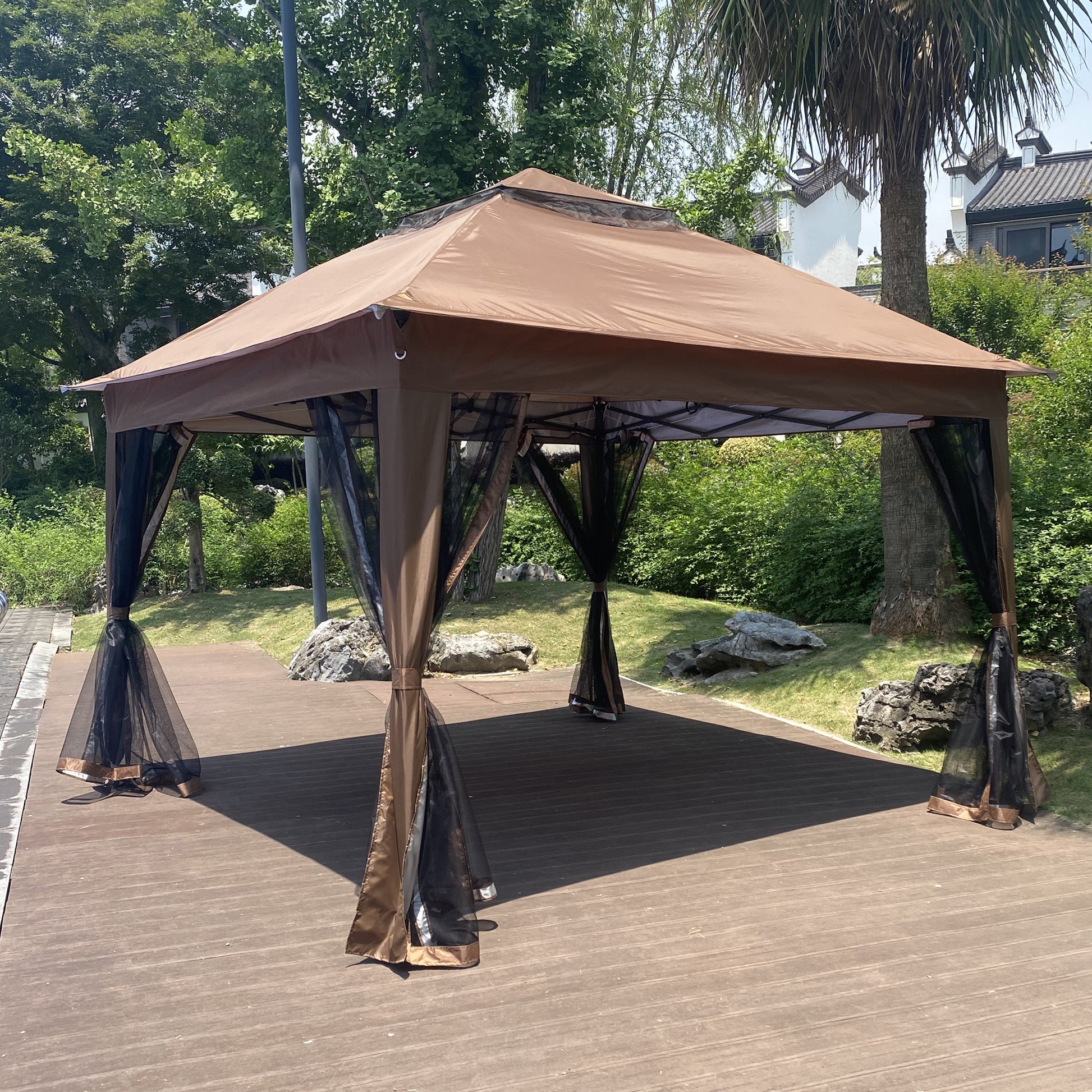Aurelia 13x10' Soft - Top Gazebo – Backyard Pavilion with Ventilated Roof & Netting (Brown Canopy) - JUSTLIVE NESTJUSTLIVE NEST