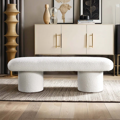Randolph Bench – Ivory Bouclé Upholstered Seat with Tapered Wood Legs
