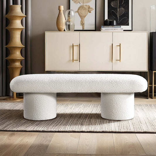 Randolph Bench – Ivory Bouclé Upholstered Seat with Tapered Wood Legs
