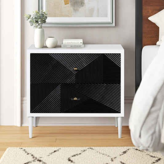 Cavrin Contrast Duo – White & Black 2-Drawer Nightstand with Framed Panel Accent
