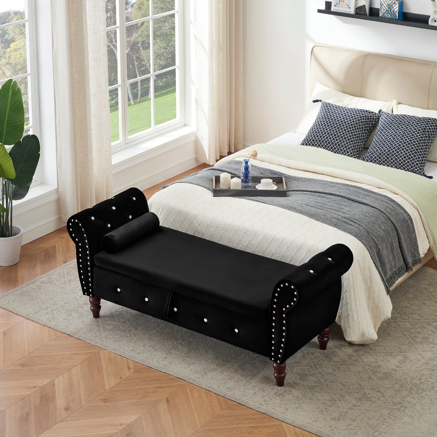 Camero Bench – Black Velvet Storage Seat with Crystal Button Accents