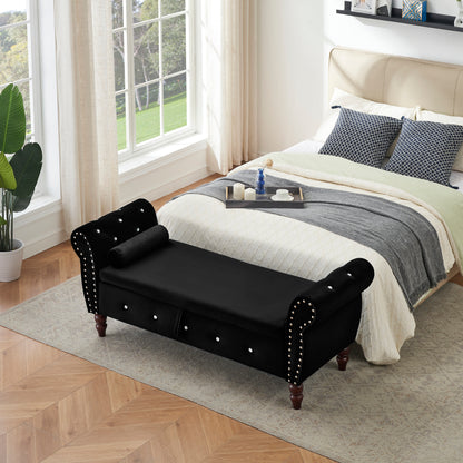 Camero Bench – Black Velvet Storage Seat with Crystal Button Accents
