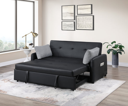 JUSTLIVE ‘Comfina Luxe” Tech Sofa – Black PU Leather | Convertible Sleeper + USB + Power + Pockets