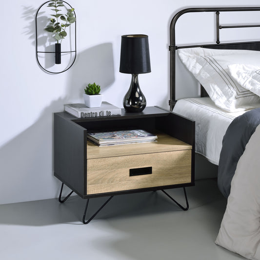Orrin Duo Stand – Oak & Black 1-Drawer Nightstand with Open Base