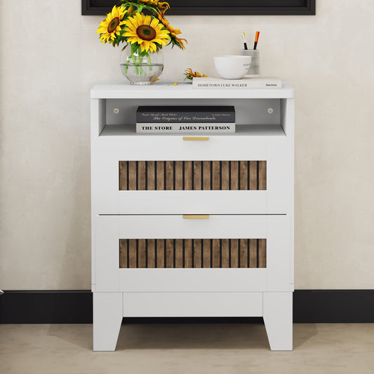Farmessa Strip Chest – White 2-Drawer Farmhouse Nightstand with Decorative Wood Detailing