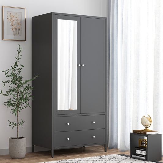 Branx MetalWard – Dark Grey Metal Wardrobe with Mirror Door, 2 Drawers & Hanging Bar