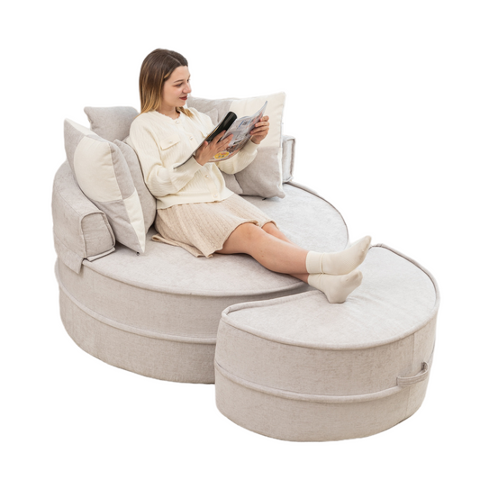 Luxe Swirl Chair Set – Oversized Gray Velvet Round Lounge Chair with Matching Ottoman & 5 Plush Accent Pillows