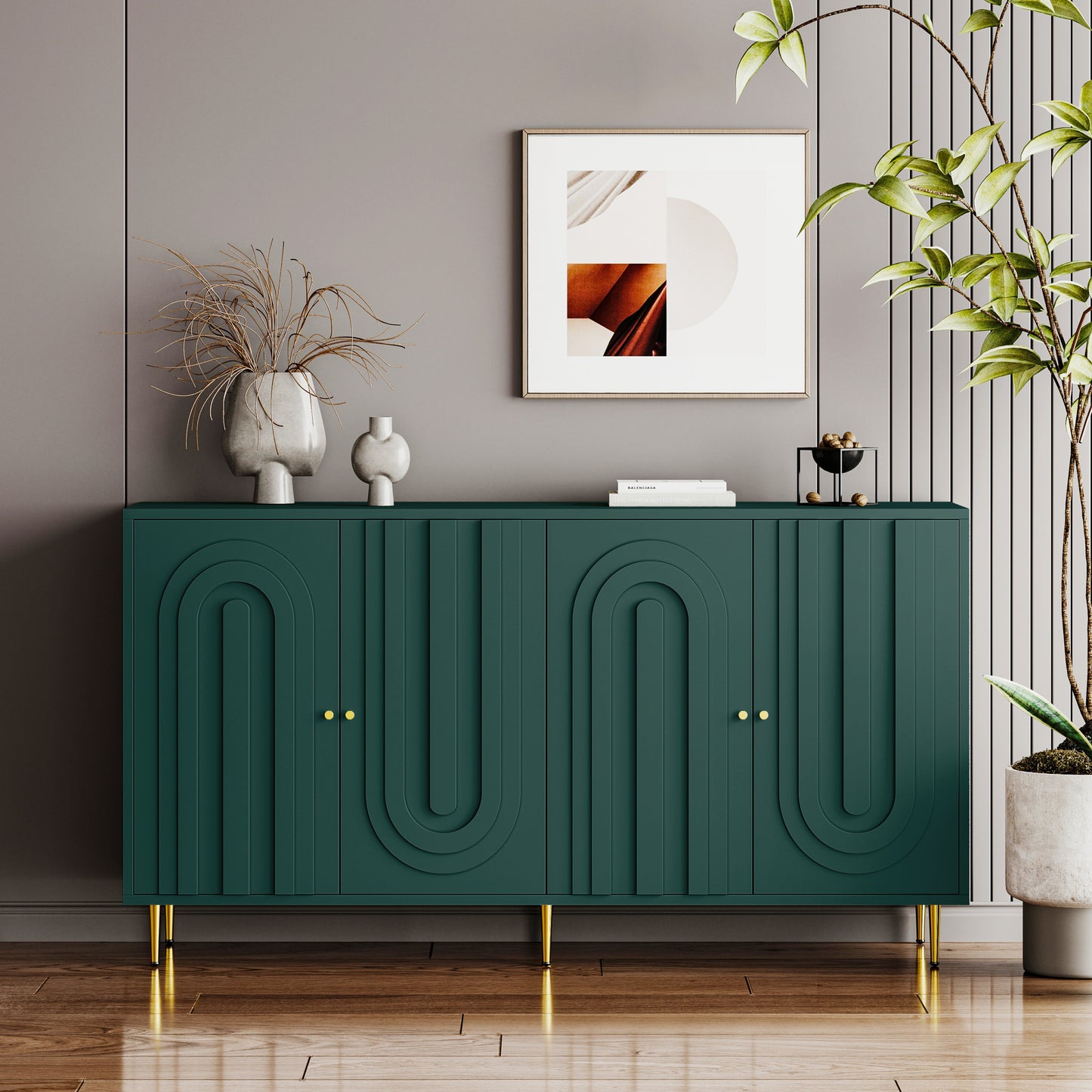 Laxro Verde Console – Green Lacquered 4-Door Storage Cabinet