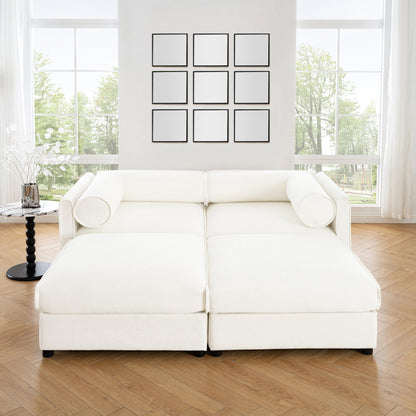 NestEdge ‘StoraNest” Loveseat – White Chenille | 2 Ottomans + Cylindrical Backrest + Hidden Storage