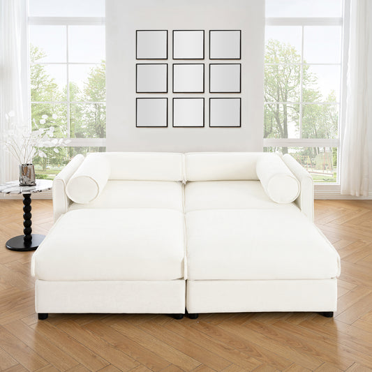 NestEdge ‘StoraNest” Loveseat – White Chenille | 2 Ottomans + Cylindrical Backrest + Hidden Storage