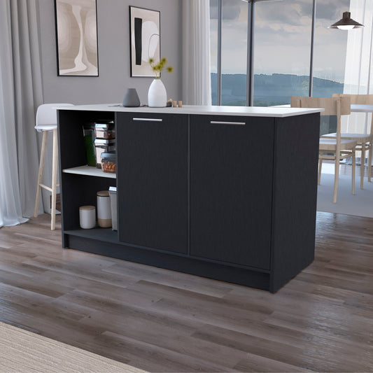 Mercury Kitchen Island – Wide Top with Double Cabinets & 2 Open Shelves (Black)