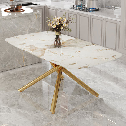 Fayno Dining Table – Rectangular Marble-Style Top with Gold Metal Legs