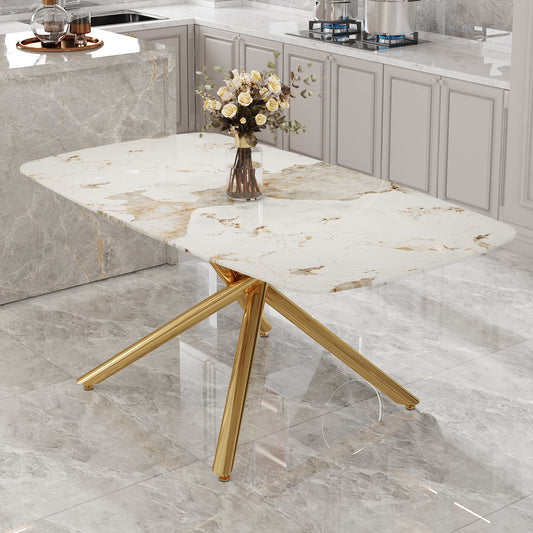 Fayno Dining Table – Rectangular Marble-Style Top with Gold Metal Legs