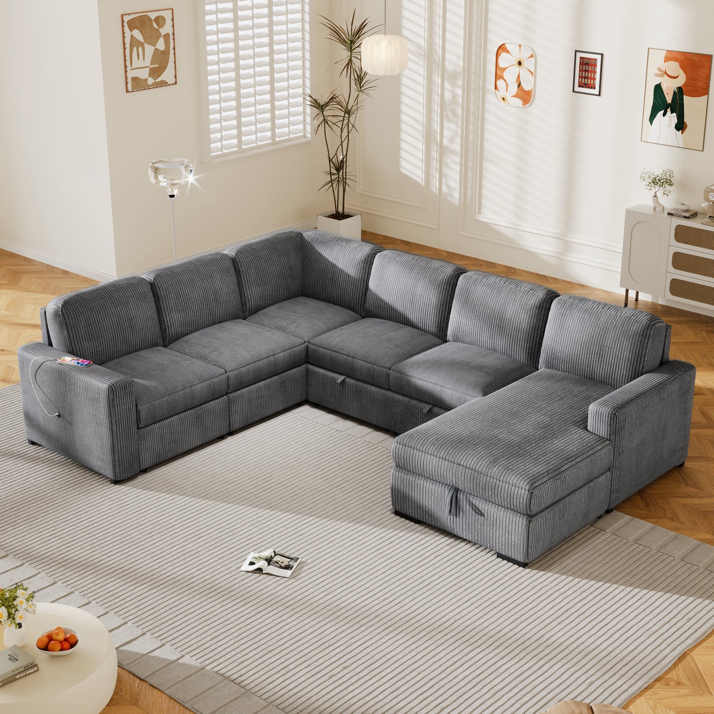 U-Shape Grand Lounge – 6-Seat Plush Sofa with Storage & Smart Features