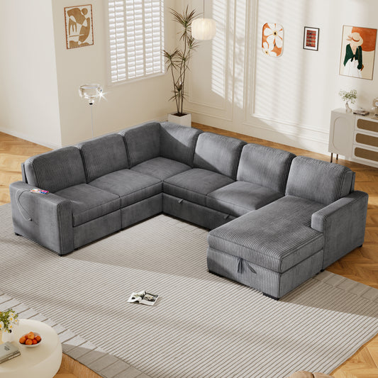 U-Shape Grand Lounge – 6-Seat Plush Sofa with Storage & Smart Features