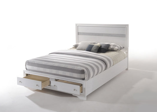 Naima Queen Bed – White Panel Storage Bed with Footboard Drawers