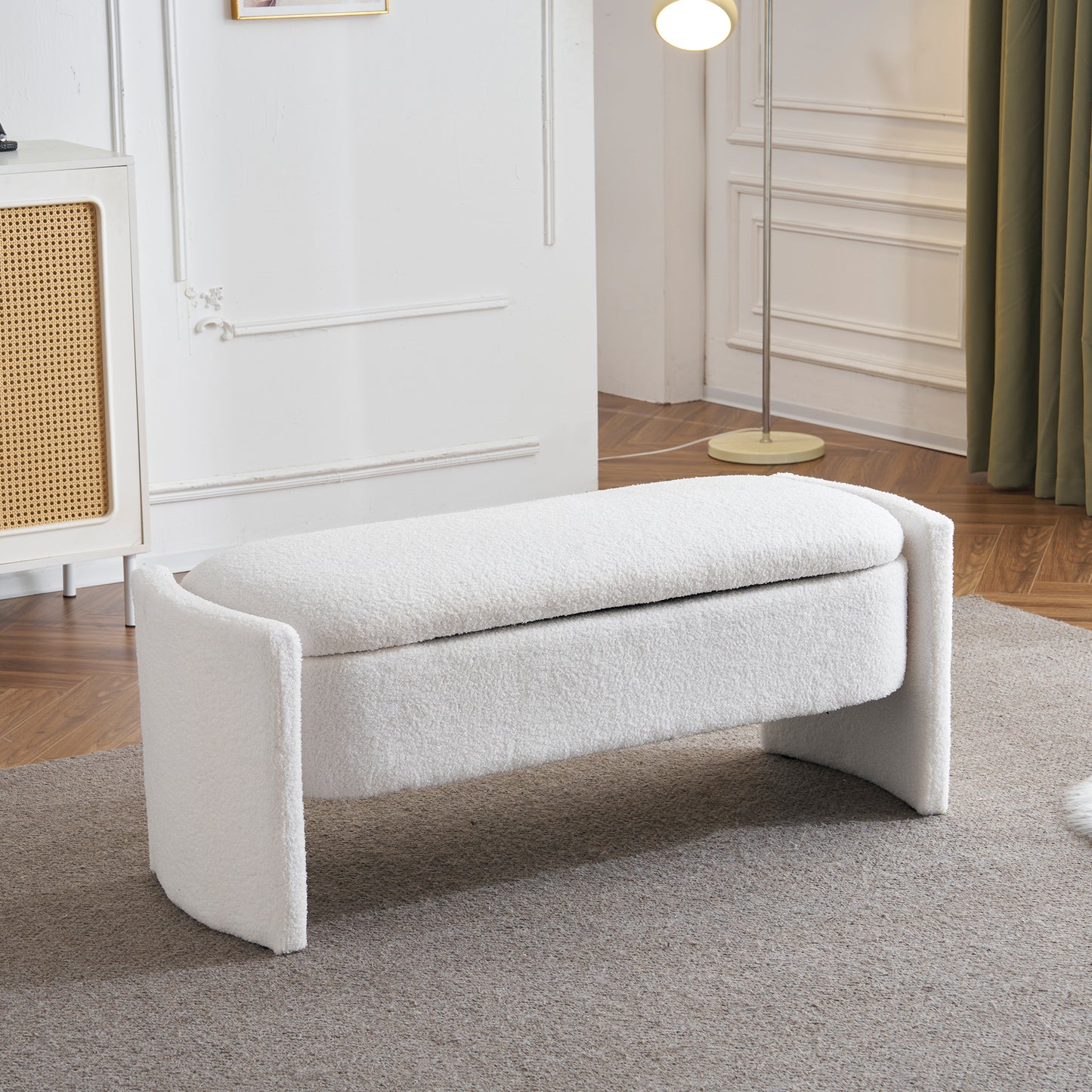 Vellura Bench – IvoryBouclé Shell, GrandeNest Storage Form