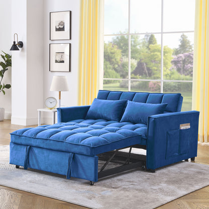 54' Convertible Duo Lounge – Velvet Blue 3-in-1 Sofa Bed with Adjustable Back, Storage Pockets & Accent Pillows