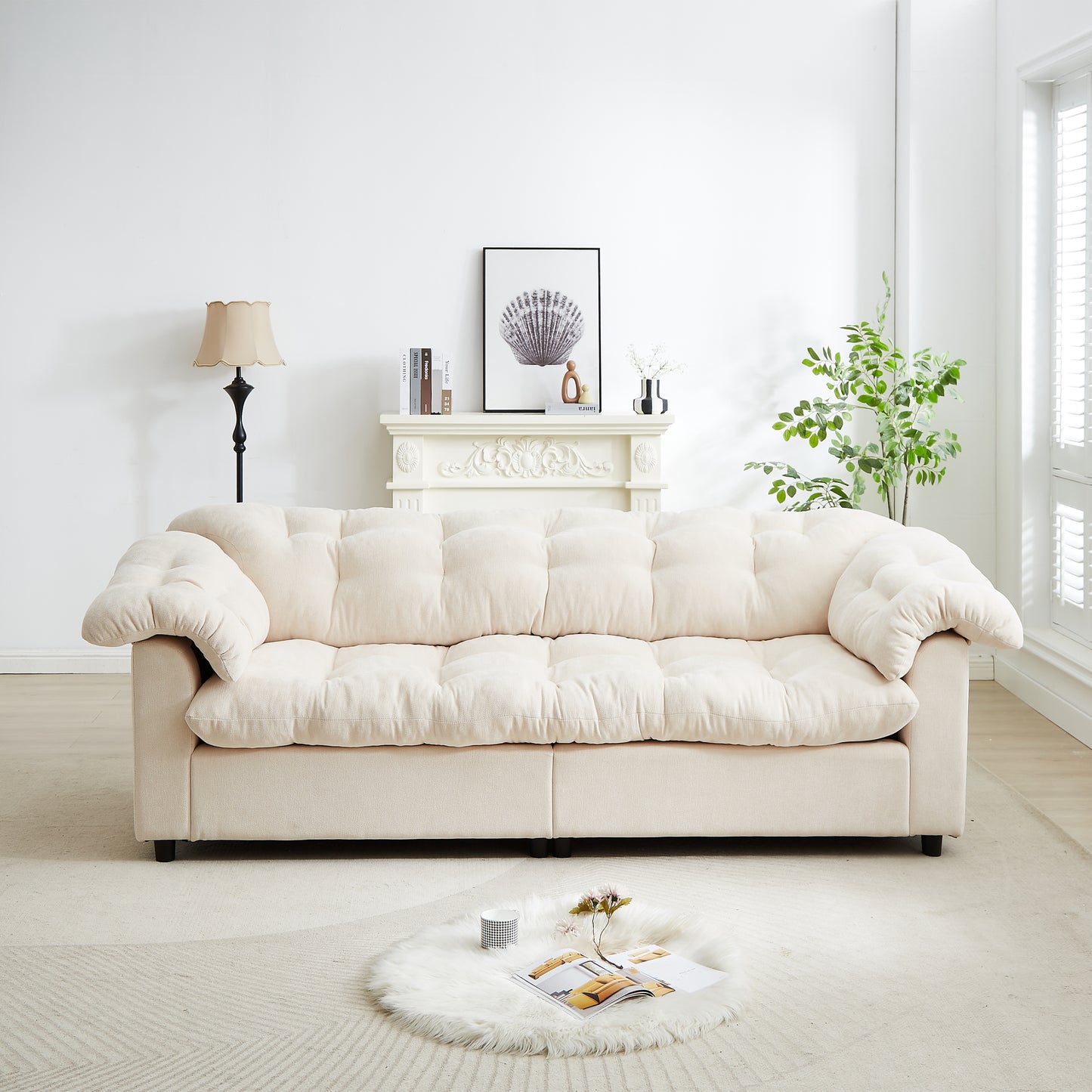 NestEdge ‘CloudNest” 99” Sofa – Warm Beige Chenille | Deep Seat + Fluffy Comfort